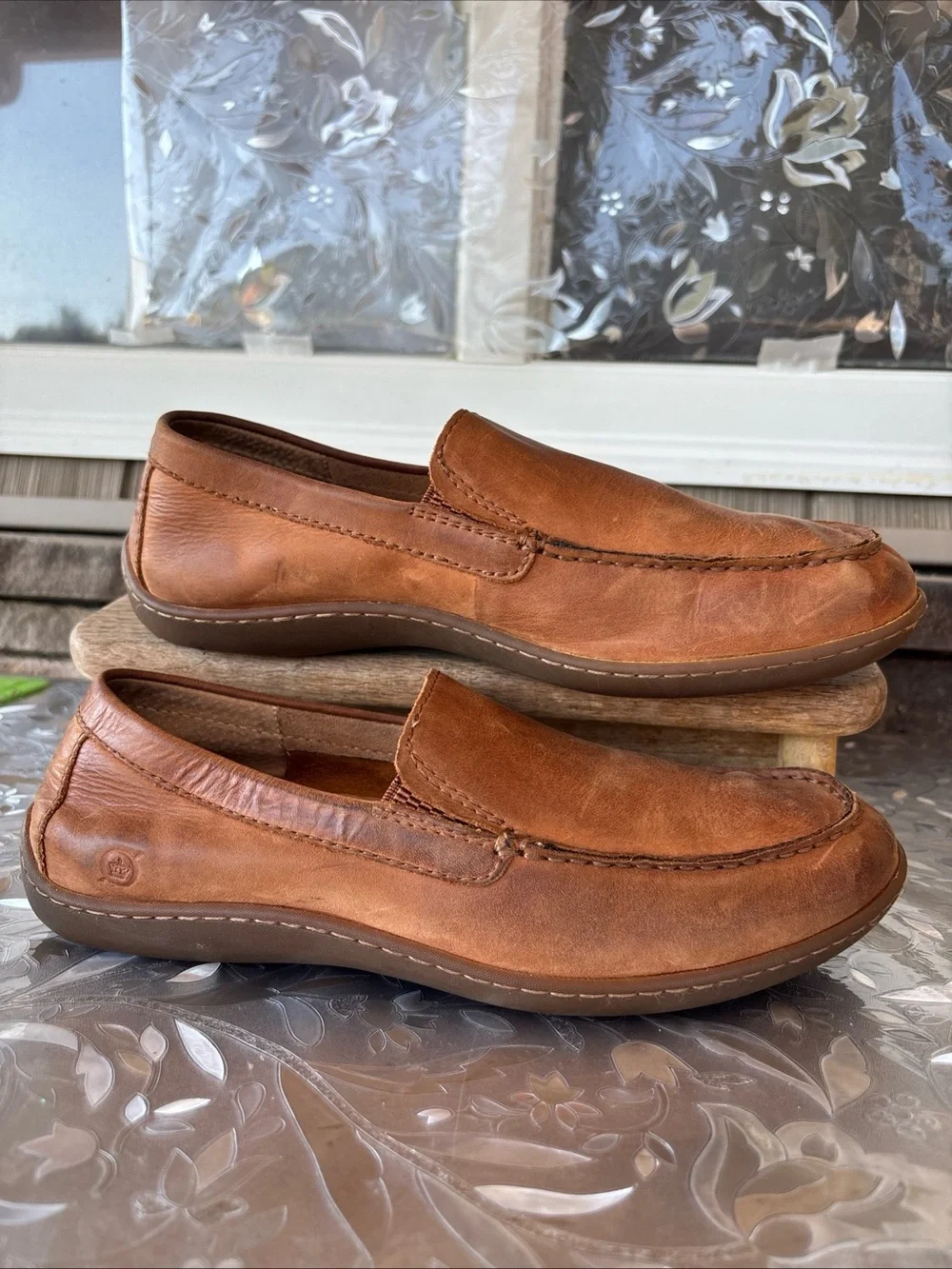 Born Men's 9 Distressed Leather Slip-On Loafers in Cognac Brown